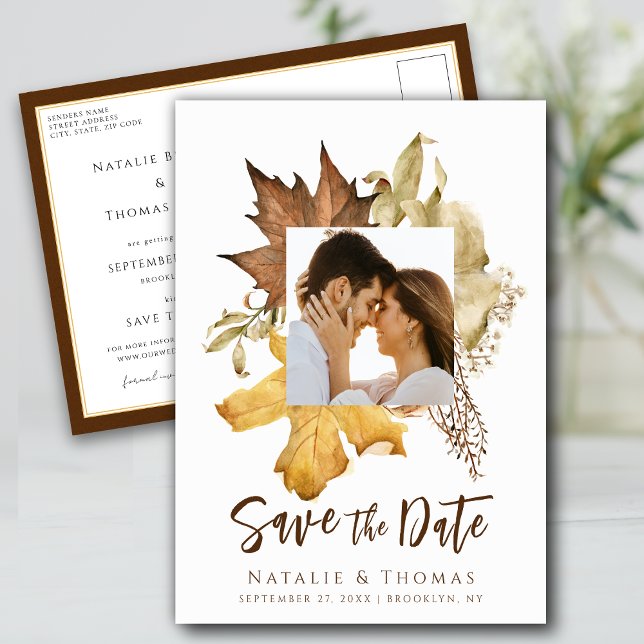 Carte Postale Faire-part Dusty Brown Feuilles d'automne tombent dans l'amou (Créateur téléchargé)