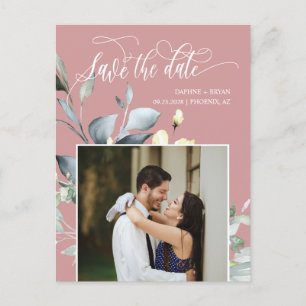 Carte Postale Faire-part Dusty rose vert Feuille QR Code Enregistrer la dat