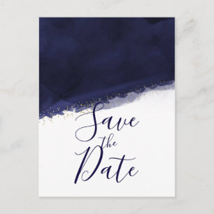 Carte Postale Faire-part Eau de couleur bleu marine et or moderne Save the 
