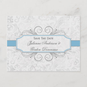 Carte Postale Faire-part Économies bleu-clair et grises de damassé la date