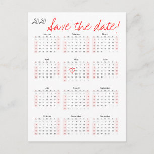 Carte Postale Faire-part Économies de 2020 calendriers le coeur de date