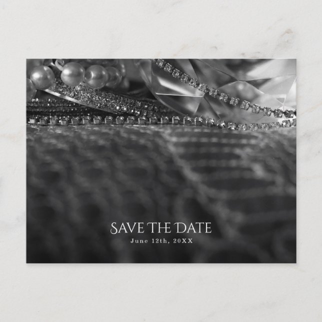 Carte Postale Faire-part Économisez à la date élégante perles noires et bla (Devant)