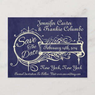 Carte Postale Faire-part Économisez la date sur un tableau noir bleu vintag