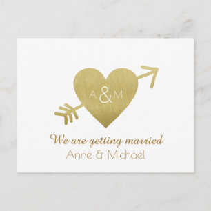 Carte Postale Faire-part économisez le mariage faux or de coeur monogramme