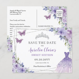 Carte Postale Faire-part Économisez Quinceanera Fleur de Lilas Violet pour 