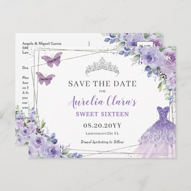 Carte Postale Faire-part Économisez Quinceanera Fleur de Lilas Violet pour  (Devant / Derrière)
