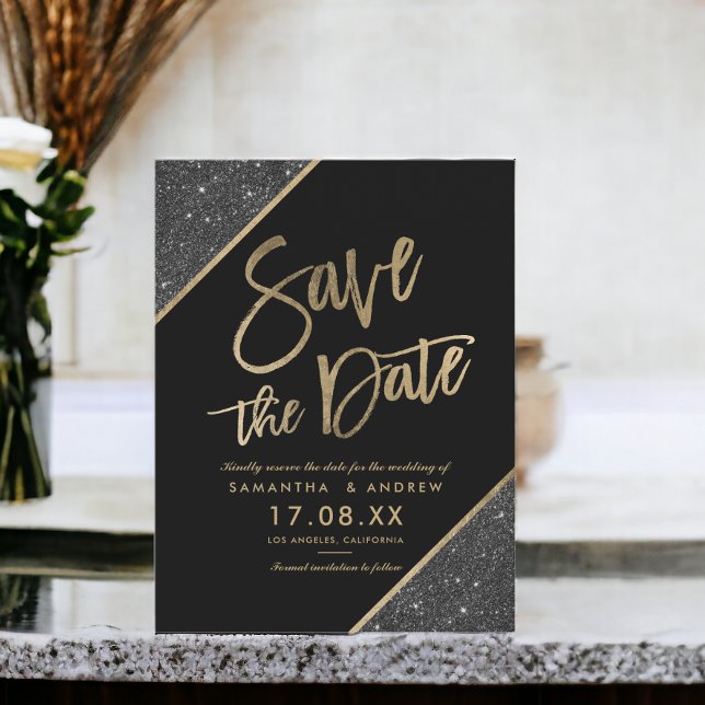 Carte Postale Faire-part Écriture pailletée or noir enregistrer la date (Gold glitter script black save the date announcement postcard)