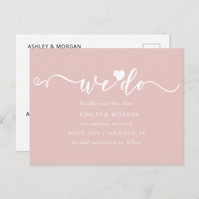 Carte Postale Faire-part Écriture Rose à Cœur Nous Nous Mariés Save the Dat (Devant / Derrière)