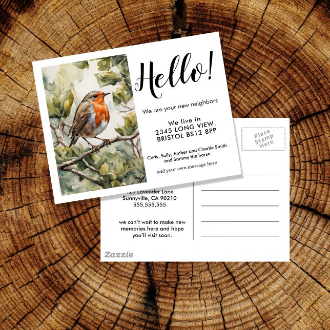 Carte Postale Faire-part Editable Hello Neighbor,  Nouvelle Adresse, Robin (Créateur téléchargé)