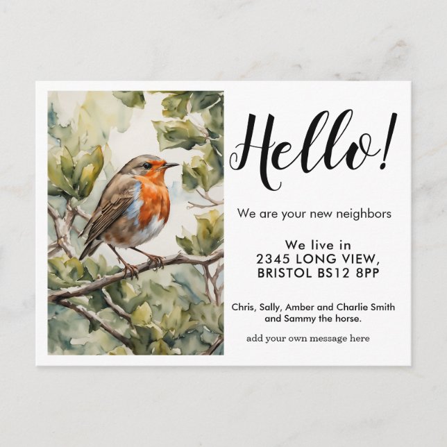 Carte Postale Faire-part Editable Hello Neighbor,  Nouvelle Adresse, Robin (Devant)