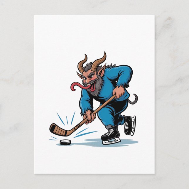 Carte Postale Faire-part Éffrayant Krampus Jouer au hockey sur glace Noël (Devant)