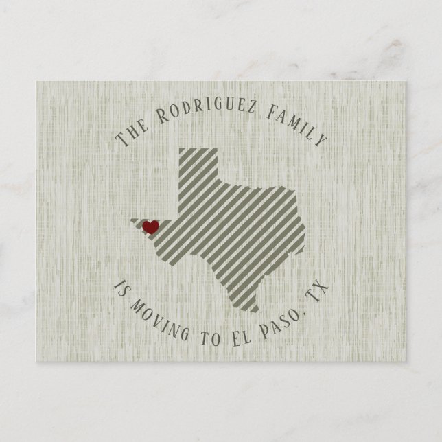 Carte Postale Faire-part El Paso Green Linen et déménagement Heart Texas (Devant)