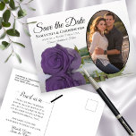 Carte Postale Faire-part Élégant Améthyste Purple Photo Rose Enregistrer La<br><div class="desc">Ces belles cartes postales sont une merveilleuse façon de faire savoir à vos amis et votre famille de sauver la date pour votre prochain mariage. Elles présentent un design élégant, élégant et romantique avec un seul rose améthyste à long tige de couleur violet réfléchissant dans un bassin d'eau, et votre...</div>