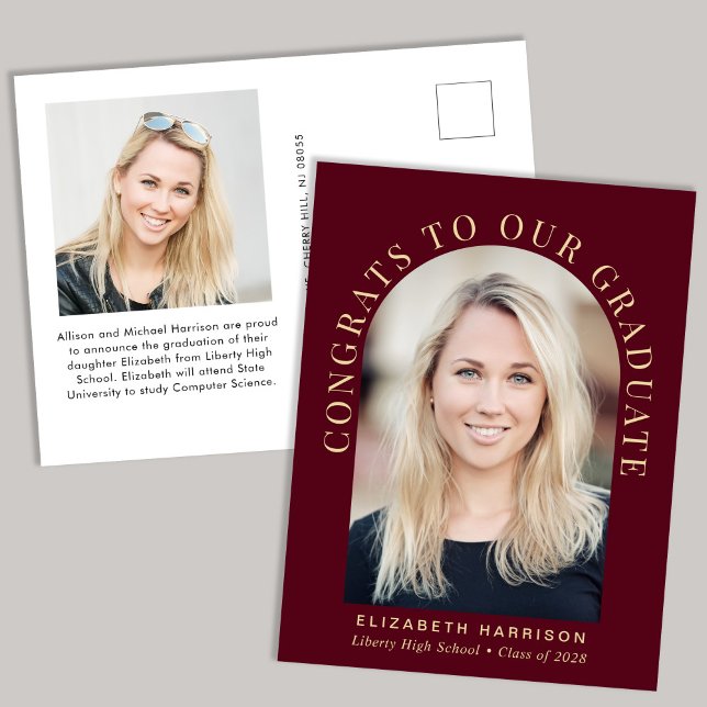 Carte Postale Faire-part Elégant Arc Photo Bourgogne Gold Graduation (Créateur téléchargé)