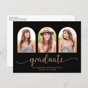 Carte Postale Faire-part Elégant Black Gold Arch 3 Photo Graduation