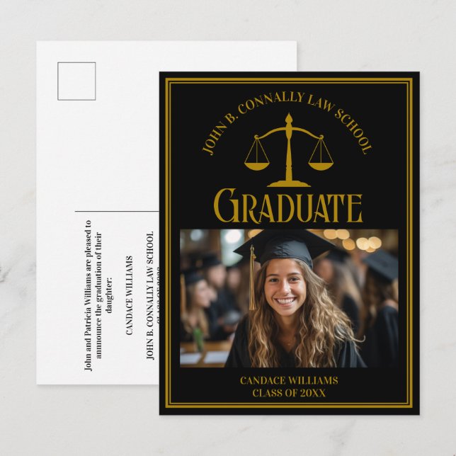 Carte Postale Faire-part Elegant Black Gold Law School Graduation Photo (Devant / Derrière)