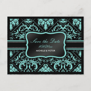 Carte Postale Faire-part Élégant bleu aqua et noir Damask Enregistrer la da