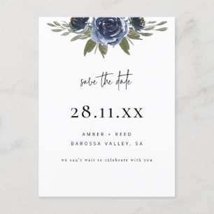 Carte Postale Faire-part Élégant Bleu Marine Fleurs Aquarelle Save the Date