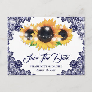 Carte Postale Faire-part Élégant bleu marine floral dentelle tournesol