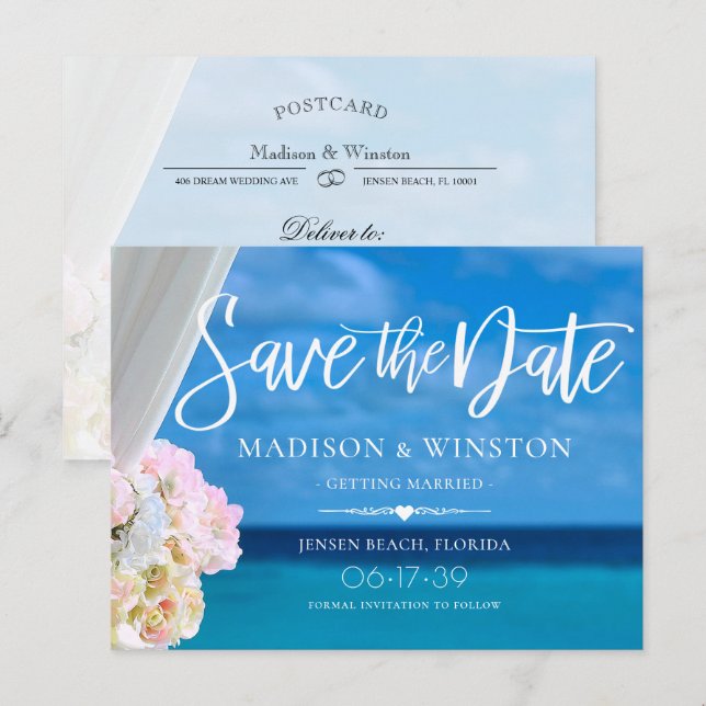 Carte Postale Faire-part Elégant Blue Ocean Beach été Enregistrer la date (Devant / Derrière)