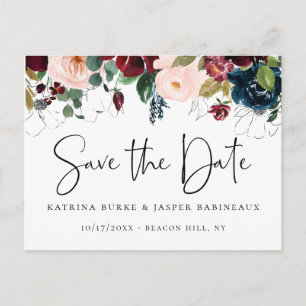 Carte Postale Faire-part Élégant Bourgeois Rouge Navy Fleur Save the Date