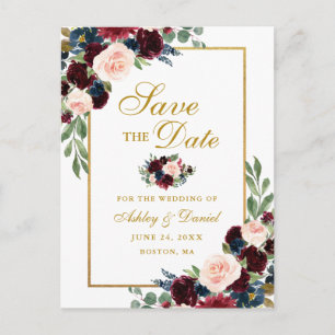 Carte Postale Faire-part Élégant Burgundy Bleu Floral Or Save the Date