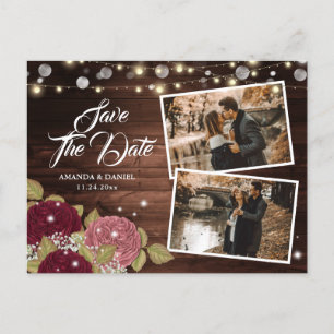 Carte Postale Faire-part Élégant Burgundy Blush Wood Photo Enregistrer La D