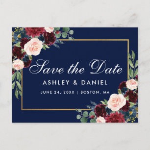 Carte Postale Faire-part Élégant Burgundy Floral Bleu Enregistrer La Date