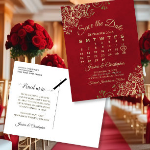 Carte Postale Faire-part Élégant calendrier de mariage rouge et or pour ann