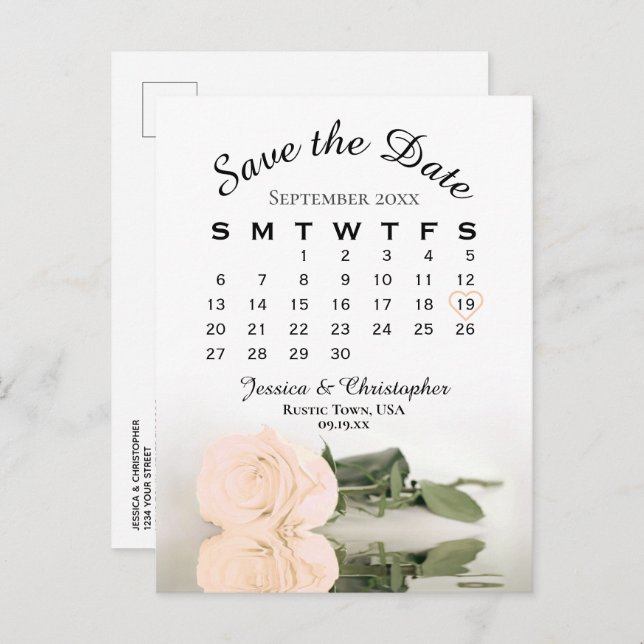 Carte Postale Faire-part Élégant calendrier du Mariage Rose Peach Enregistr (Devant / Derrière)