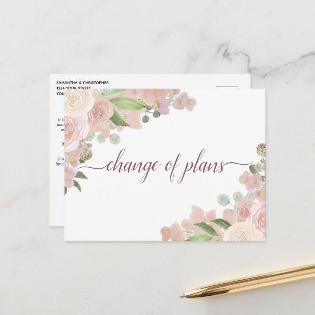 Carte Postale Faire-part Élégant Changement de Projets de Mariage Floral Ro (Devant/Arrière en situation)