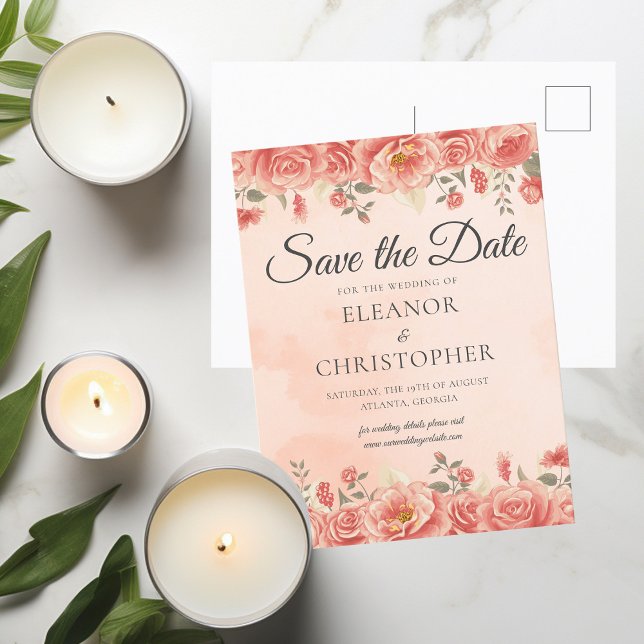 Carte Postale Faire-part Élégant corail Roses Aquarelle Pêche Florale (Créateur téléchargé)