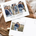 Carte Postale Faire-part Élégant Enregistrer la date 4 Photo Blanc Lettré<br><div class="desc">Photo moderne et élégante Enregistrer la Carte Mariage Date. La carte d'invitation à la date inclut la typographie blanche et le design chic et simple sur un arrière - plan blanc que vous pouvez ajouter votre photo de fiançailles customisé à.</div>