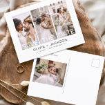 Carte Postale Faire-part Élégant Enregistrer la date 4 Photo Blanc Lettré<br><div class="desc">Photo moderne et élégante Enregistrer la Carte Mariage Date. La carte d'invitation à la date inclut la typographie blanche et le design chic et simple sur un arrière - plan blanc que vous pouvez ajouter votre photo de fiançailles customisé à.</div>
