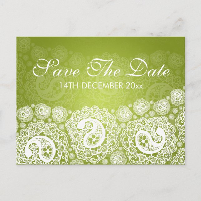 Carte Postale Faire-part Élégant Enregistrer La Date Paisley Lace Lime Gree (Devant)