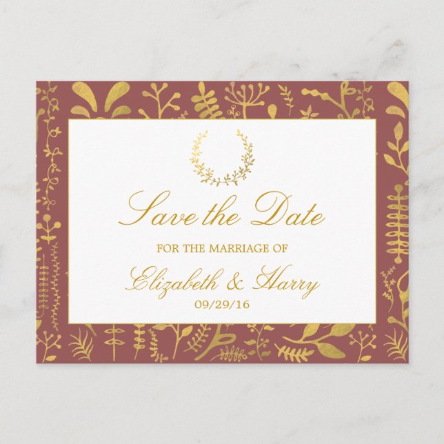 Carte Postale Faire-part Elégant Gold Floral Wreath Wedding Enregistrer La  (Devant)