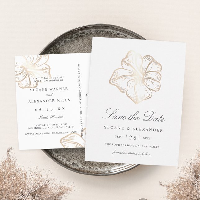 Carte Postale Faire-part Elegant Gold Hibiscus Flower Wedding Save the Date (Créateur téléchargé)