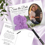 Carte Postale Faire-part Élégant Lilac Purple Rose Oval Photo Enregistrer L<br><div class="desc">Ces belles cartes postales sont une merveilleuse façon de faire savoir à vos amis et votre famille de sauver la date pour votre prochain mariage. Elles présentent un design élégant, élégant et romantique, avec un seul rose couleur violet lilas à longue tige réfléchissant dans un bassin d'eau, et votre photo...</div>