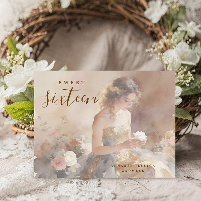Carte Postale Faire-part Elegant & Lovely Floral Sweet Sixteen Birthday  (Delicate Pastel Watercolor Young Woman in Golden and Gray Strapless Dress Design.)