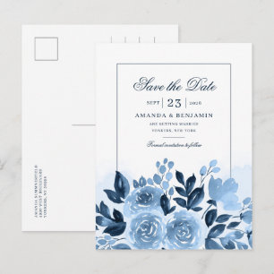 Carte Postale Faire-part Élégant mariage à l'aquarelle bleu poussiéreux flo