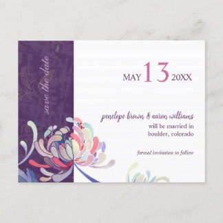 Carte Postale Faire-part Élégant mariage floral violet Enregistrer la date