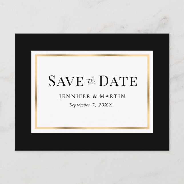 Carte Postale Faire-part Élégant Mariage Noir Blanc et Or Save The Date (Devant)