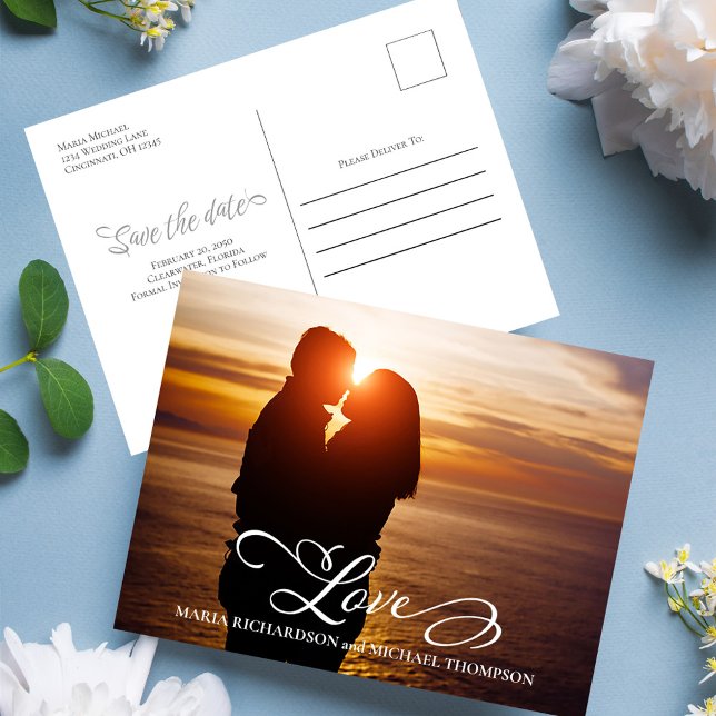 Carte Postale Faire-part Élégant Mariage Photo de Save the Date (Wedding save the date postcard template with "love" script typography. )