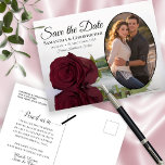 Carte Postale Faire-part Elégant Mariage Rose Bourgogne Enregistrer La Date<br><div class="desc">Ces belles cartes postales sont une merveilleuse façon de faire savoir à vos amis et votre famille de sauver la date pour votre prochain mariage. Elles présentent un design élégant, élégant, élégant et romantique, avec un seul rose bordeaux, marron ou rouge vif réfléchissant dans un bassin d'eau, et votre photo...</div>