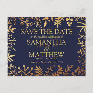 Carte Postale Faire-part Elégant Marine & Gold Floral Wedding Enregistrer L