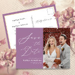 Carte Postale Faire-part Elégant Mauve Modern Photo Wedding Enregistrer La<br><div class="desc">Elégant Mauve Élégant Script Moderne Photo Minimaliste Mariage Enregistrer La Carte Postale Date Faire-part. Faites savoir à votre famille, à vos amis et à vos collègues que vous avez fixé une date pour votre célébration mariage avec ce mariage élégant, élégant et moderne, enregistrez la carte d'invitation de date. Tous les...</div>