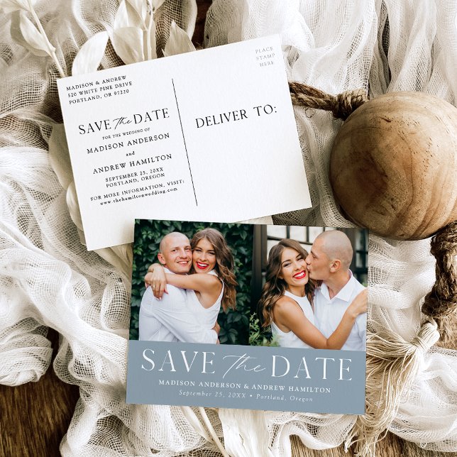 Carte Postale Faire-part Élégant Moderne Bleu Poussière 2 Photo Save the Da (Créateur téléchargé)