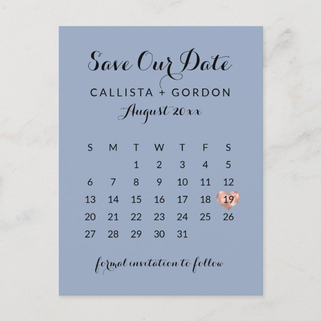 Carte Postale Faire-part Élégant moderne Dusty Rose Gold Heart Calendrier (Devant)