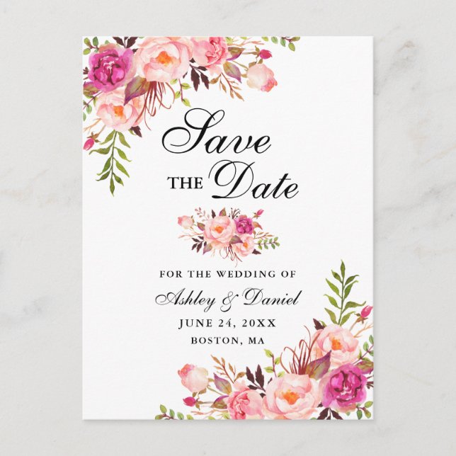 Carte Postale Faire-part Élégant Moderne Fleurs Roses Save the Date (Devant)