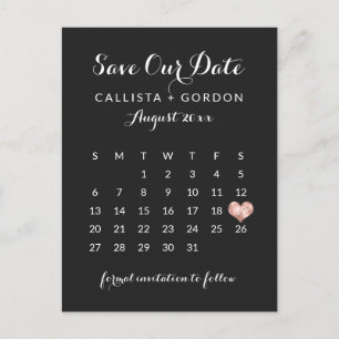 Carte Postale Faire-part Élégant moderne Marine Bleu Rose Gold Heart Calend